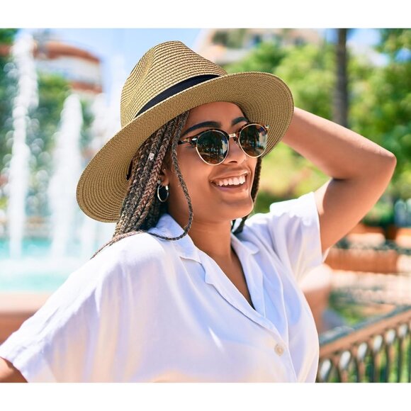 🆕 Women Brown Foldable Summer Straw Hat Wide Brim Fedora Sun Beach Soft Floppy - Picture 6 of 7